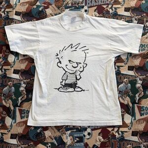 Vintage 90s Men’s CALVIN Cartoon Character White Graphic Shirt